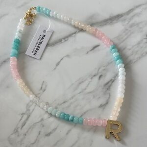 BaubleBar Semi-Precious Pastel Beaded Necklace with “R” Gold Letter Charm
